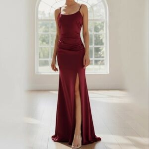 NWT Stacees Satin Ruched High Slit Gown 2 Cabernet Prom Wedding Romantic S7502B